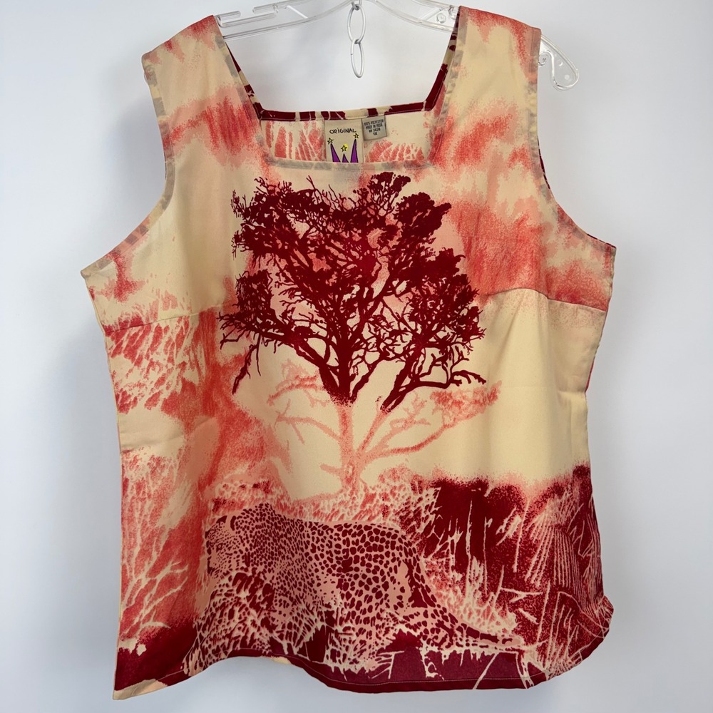 Original Anthony Womens‎ 1X Tank Top Red Cream Leopard Safari Print Square Neck